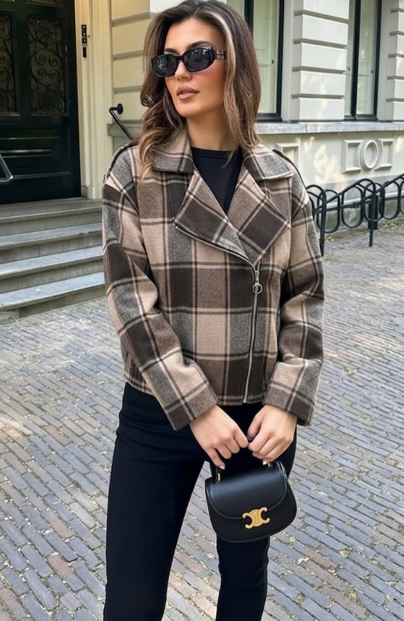 Plaid Zip Jacket Brown Beige – jassen, foto 3