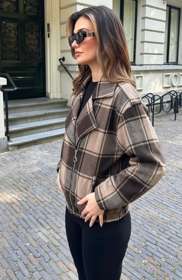 Plaid Zip Jacket Brown Beige – jassen, foto 5