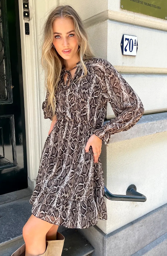 Ruffle Snake Print Jurk Beige – jurken, foto 5