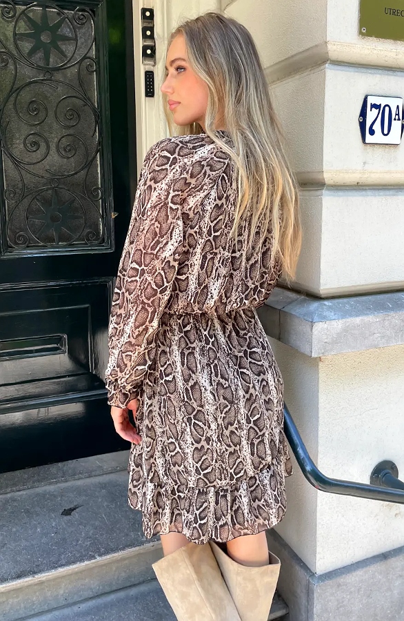Ruffle Snake Print Jurk Beige – jurken, foto 6