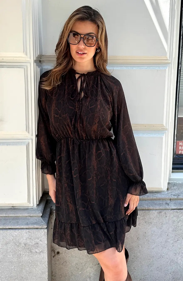 Ruffle Snake Print Jurk Choco – jurken, foto 3