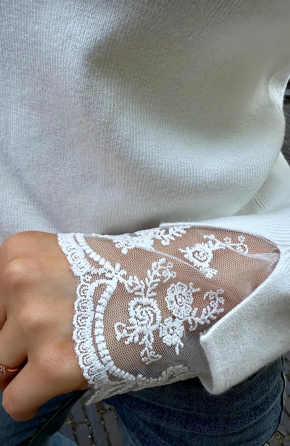 Soft Trui Met Kanten Mouwen Ecru – truien, foto 6