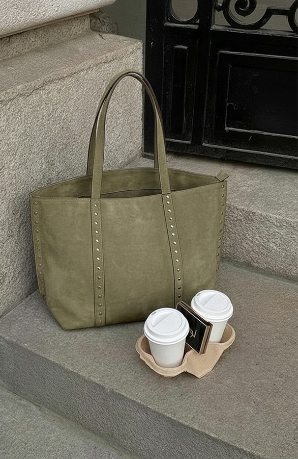 Suedine Shopper Tas Met Studs Army – alle accessoires
