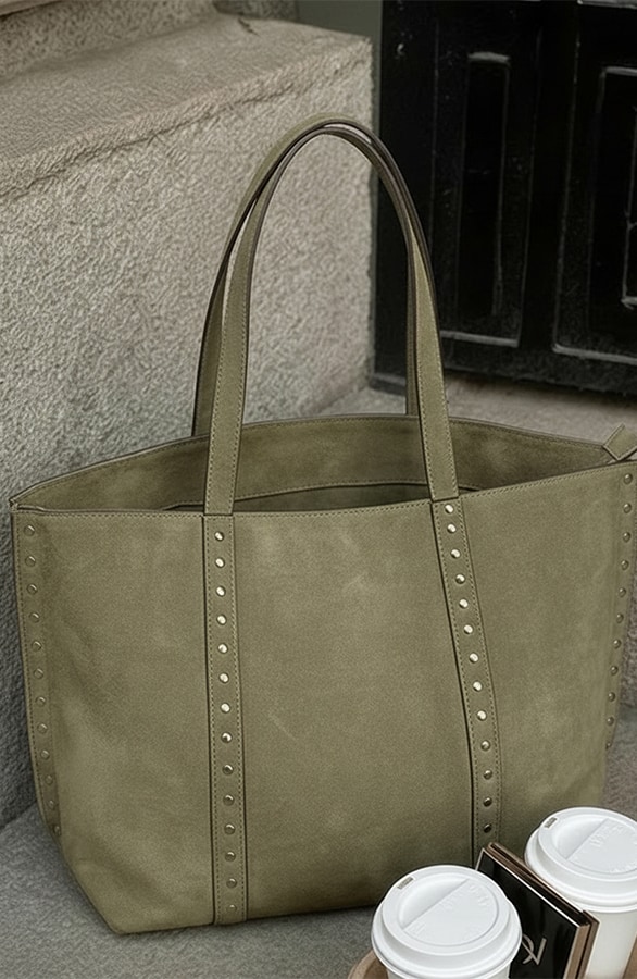 Suedine Shopper Tas Met Studs Army – alle accessoires, foto 3