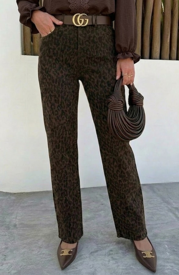 Wide Leg Jeans Leopard Brown Stretch FMH – flared broeken