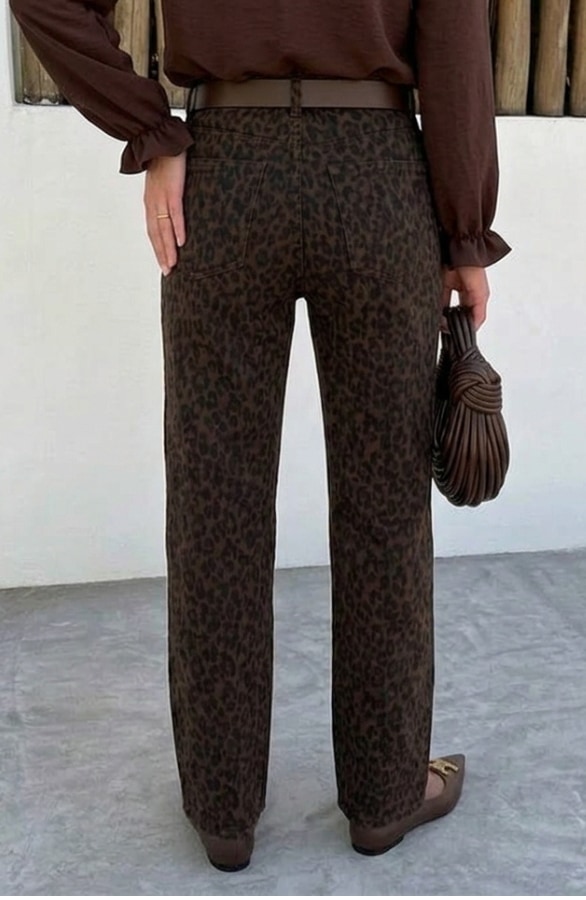 Wide Leg Jeans Leopard Brown Stretch FMH – flared broeken, foto 3