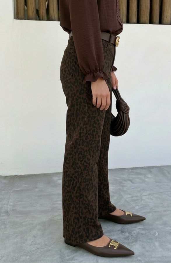 Wide Leg Jeans Leopard Brown Stretch FMH – flared broeken, foto 4