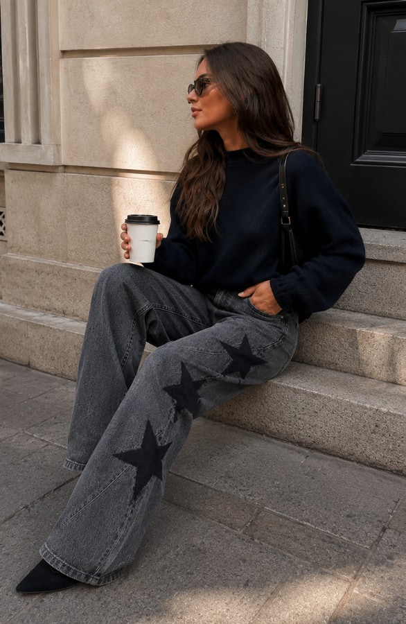 Wide Leg Jeans Star Washed Grey Stretch FMH – flared broeken, foto 2