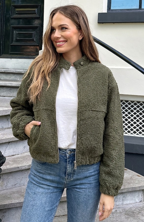 Boucle Bomber Coat Met Rits Army – jassen