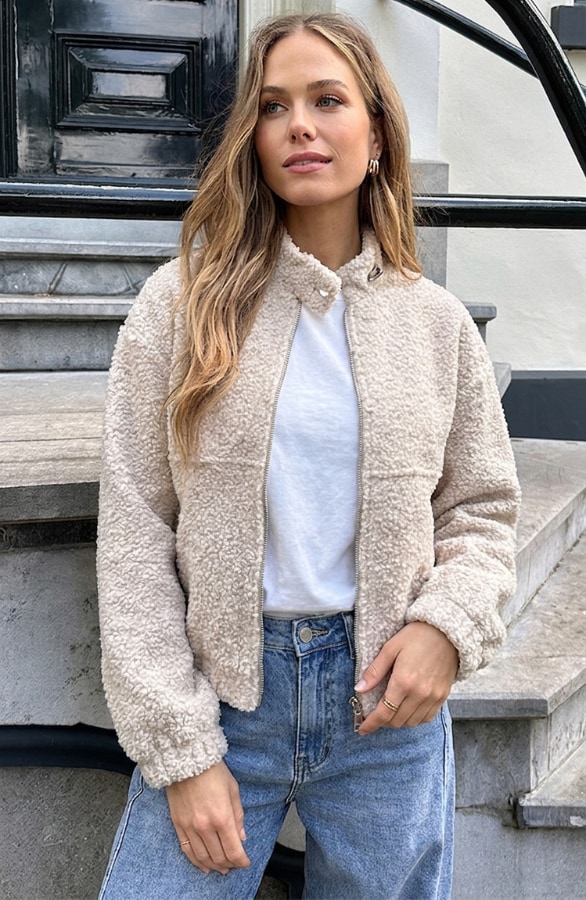 Boucle Bomber Coat Met Rits Beige – jassen