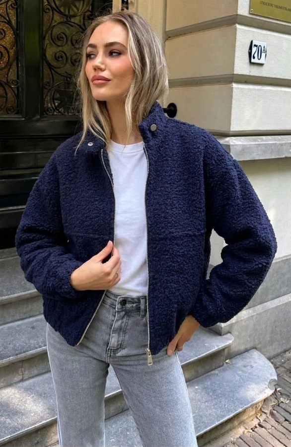 Boucle Bomber Coat Met Rits Marine – jassen