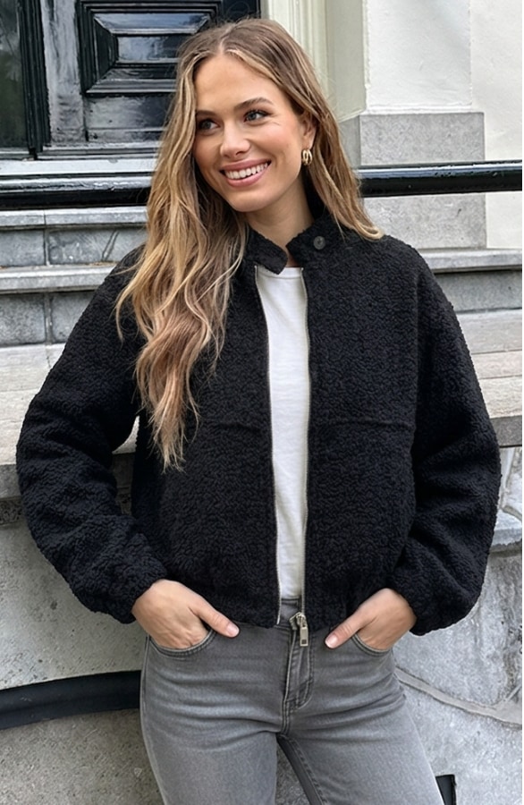 Boucle Bomber Coat Met Rits Zwart – jassen