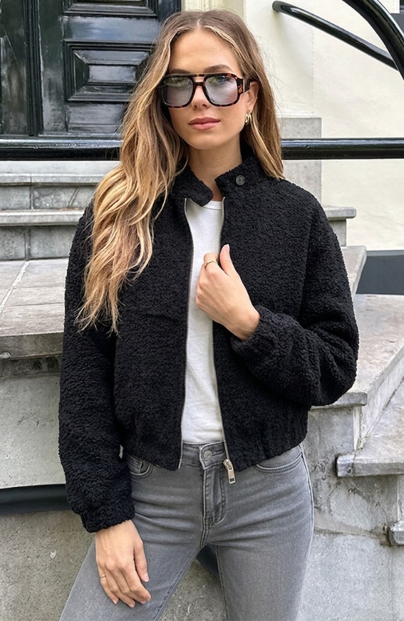 Boucle Bomber Coat Met Rits Zwart – jassen, foto 3