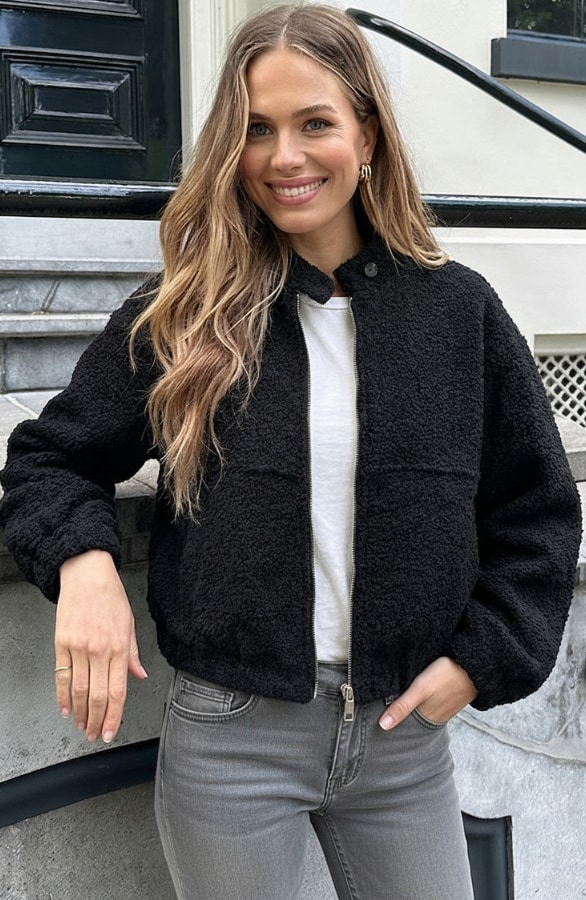 Boucle Bomber Coat Met Rits Zwart – jassen, foto 5