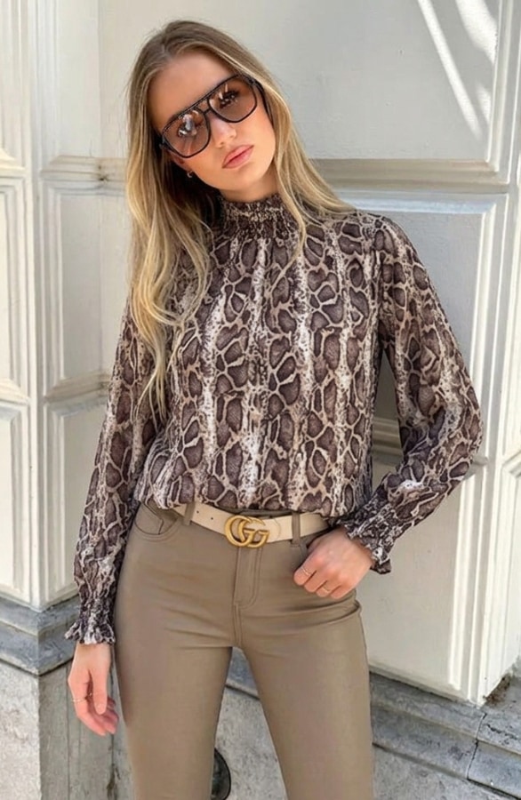 Col Blouse Snake Print Beige – blouses, foto 4