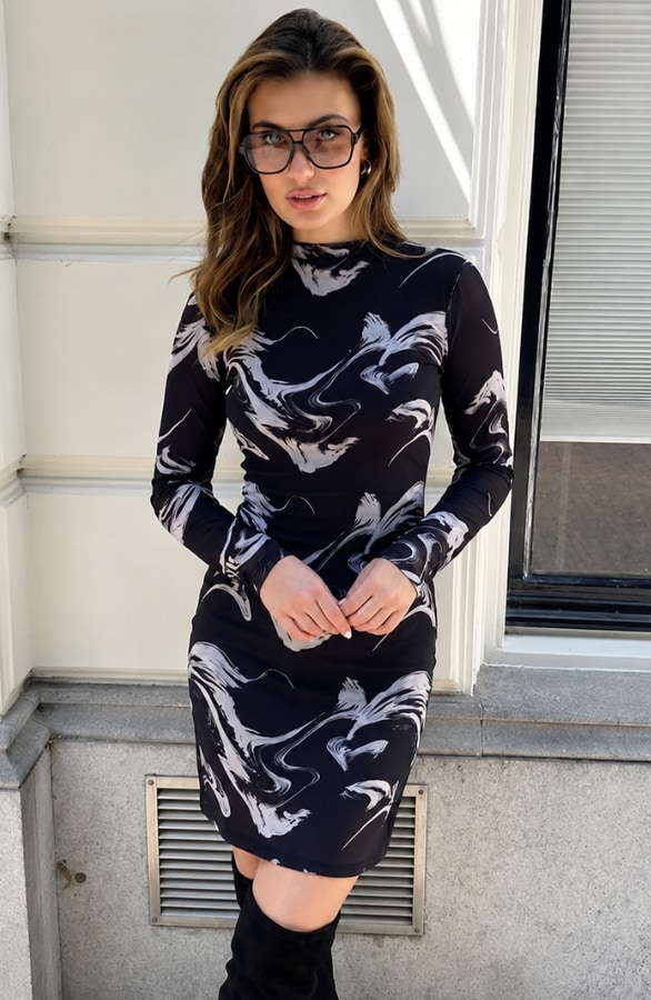 Mesh Print Dress Black Beige – jurken, foto 5