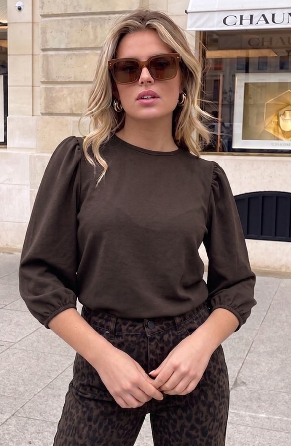 Mila Puff Sleeve Scuba Top Choco – tops, foto 3