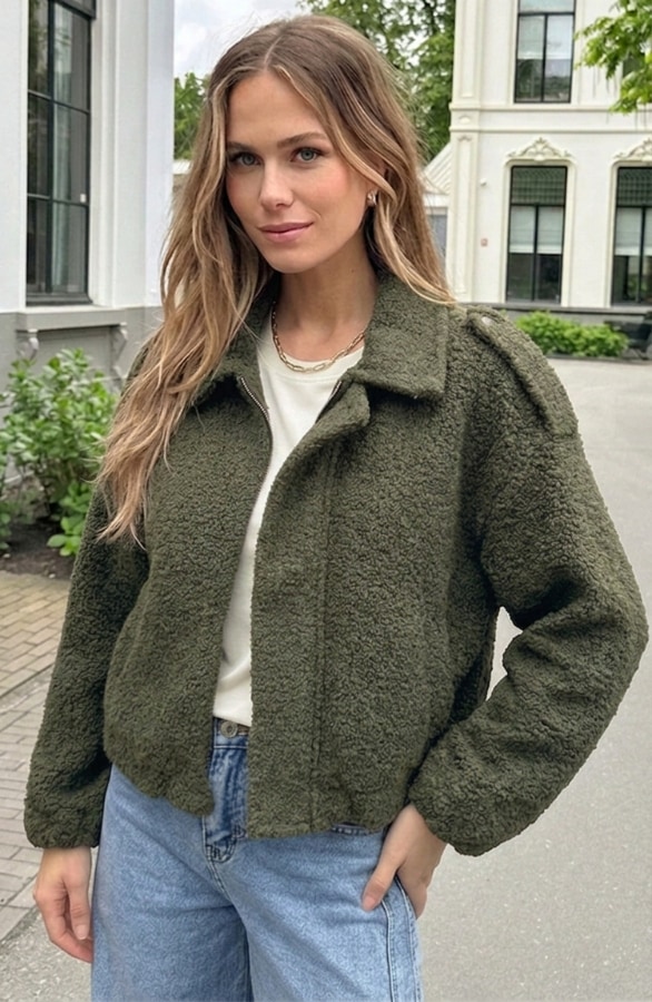 Oversized Boucle Jacket Met Rits Army – jassen