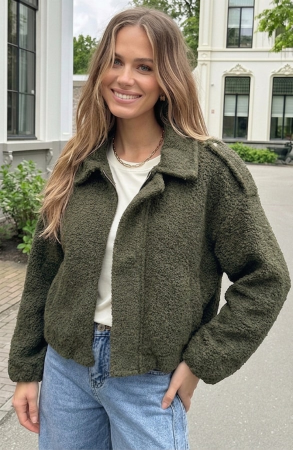 Oversized Boucle Jacket Met Rits Army – jassen, foto 3