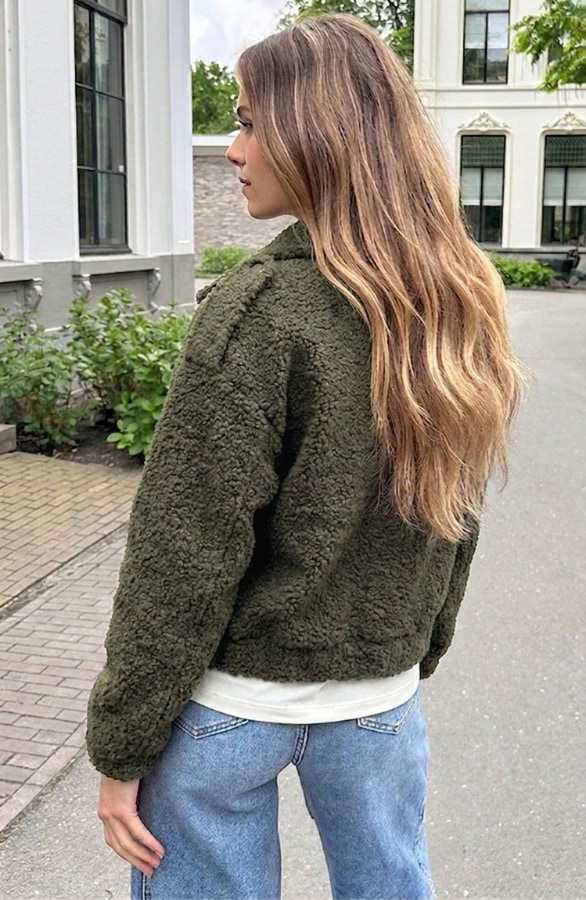 Oversized Boucle Jacket Met Rits Army – jassen, foto 6