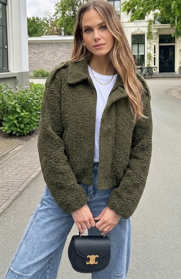 Oversized Boucle Jacket Met Rits Army – jassen, foto 4