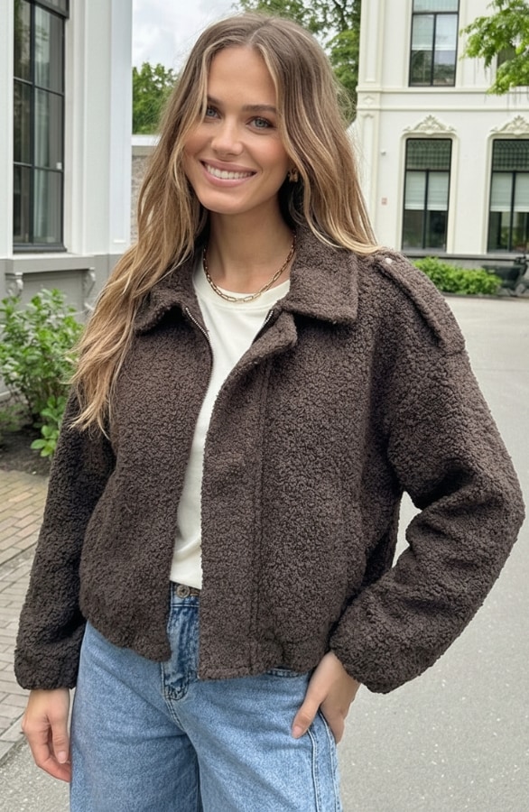 Oversized Boucle Jacket Met Rits Choco – jassen