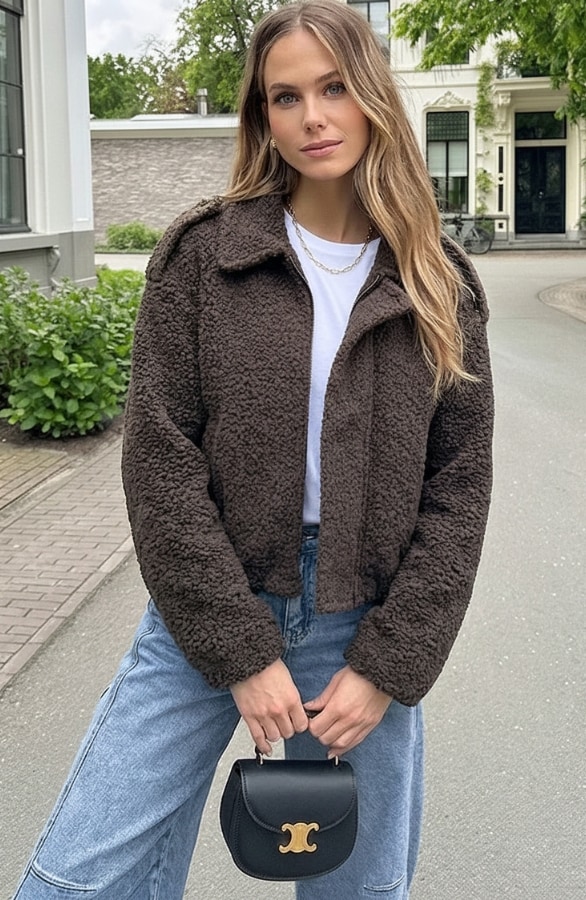 Oversized Boucle Jacket Met Rits Choco – jassen, foto 5