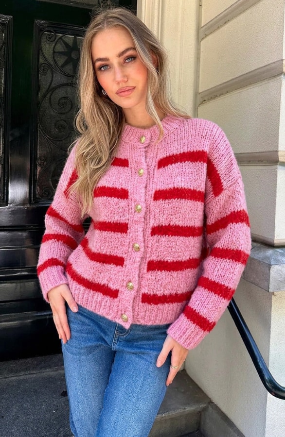 Oversized Soft Striped Cardigan Fuchsia – vesten, foto 5