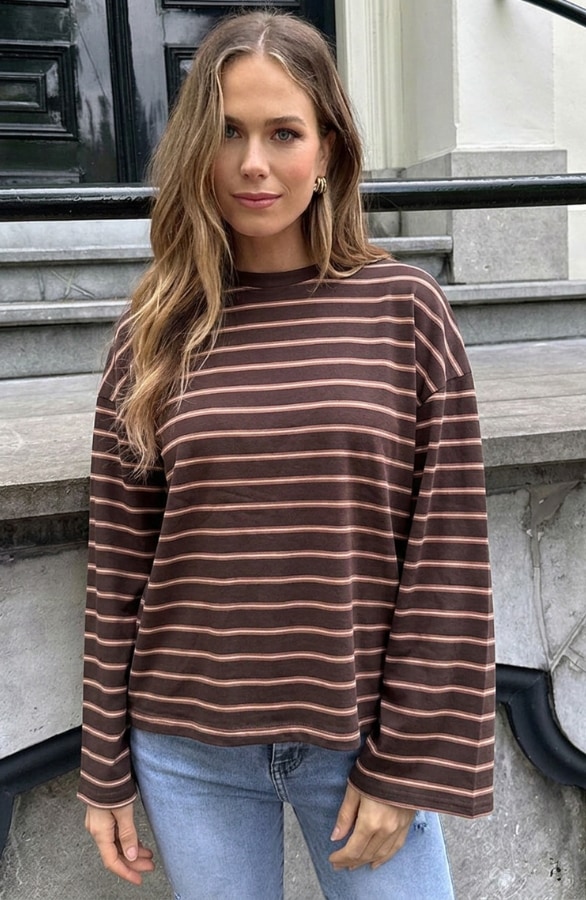 Oversized Streifen Top Baumwolle Tricolore Camel Choco, Tops, Foto 2