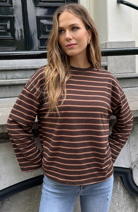 Oversized Streifen Top Baumwolle Tricolore Camel Choco, Tops