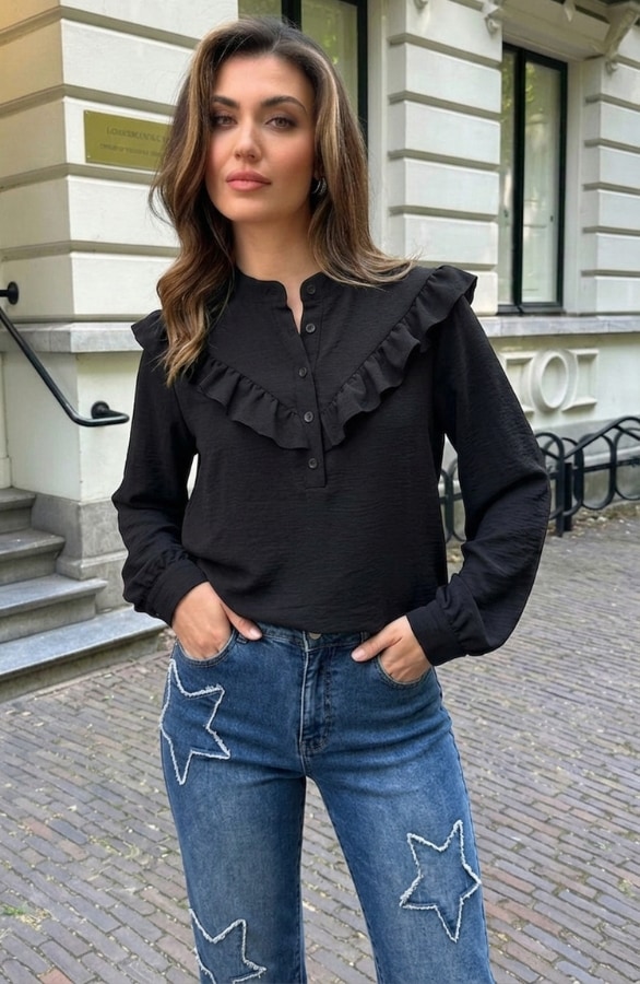Ruffle Boho Blouse Zwart – blouses, foto 3