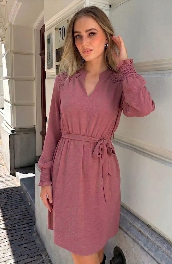 V-hals Smocked Jurk Dust Roze – jurken, foto 5