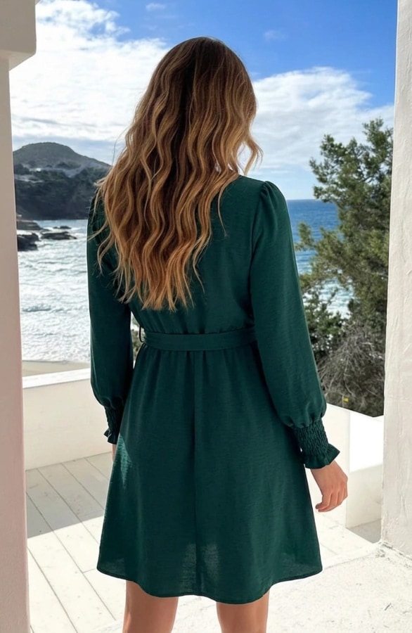 V-hals Smocked Jurk Smaragd – jurken, foto 10