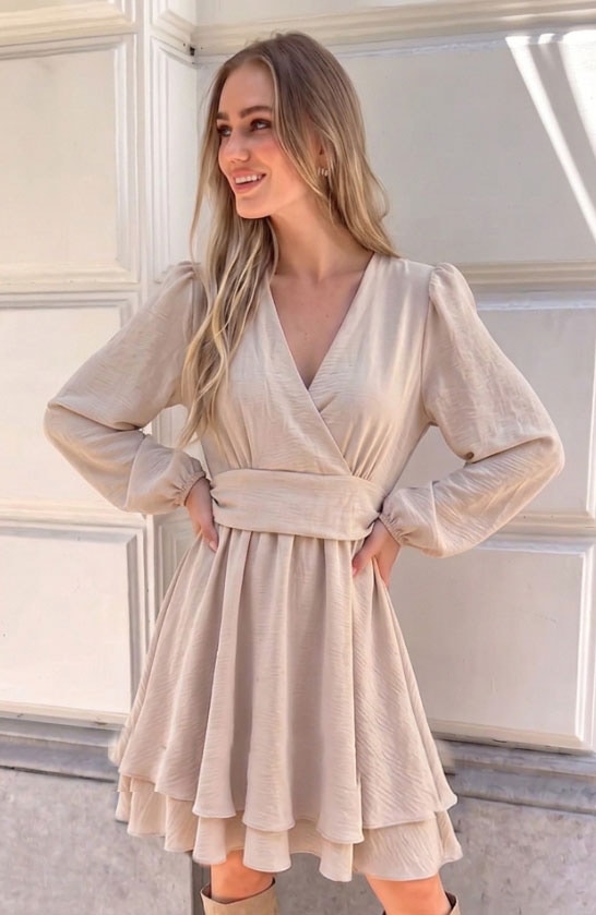 V-hals Strik Jurk Liv Beige – jurken, foto 4