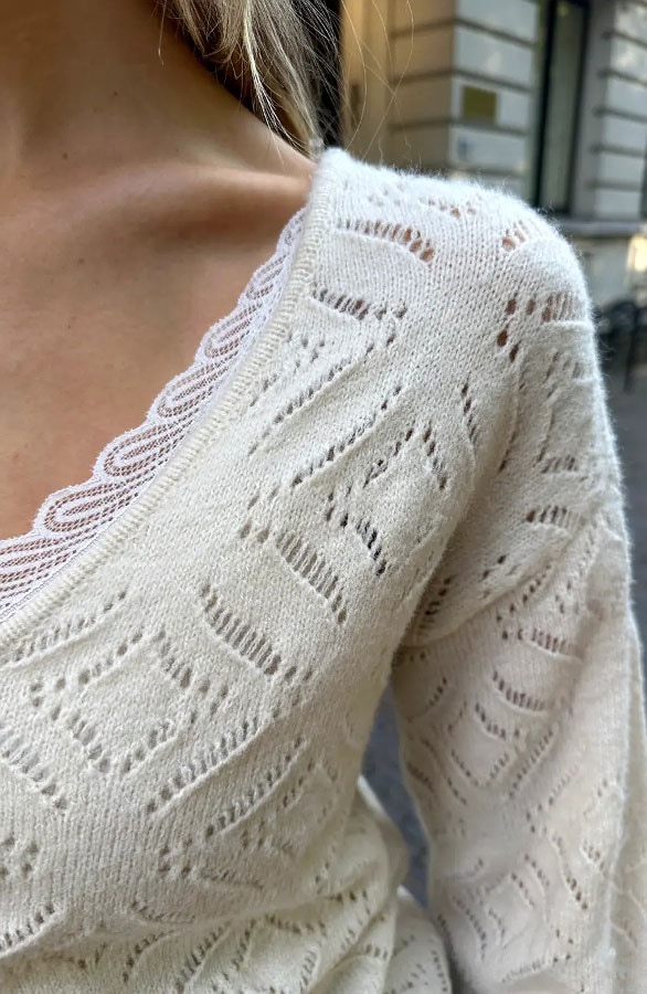 V-hals Trui Gehaakt Creme – truien, foto 7