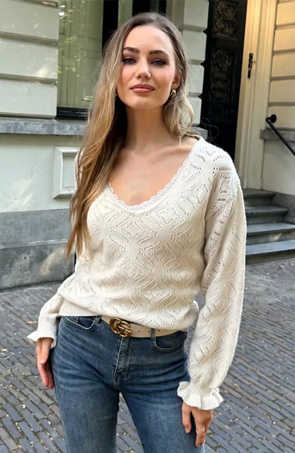 V-hals Trui Gehaakt Creme – truien, foto 4