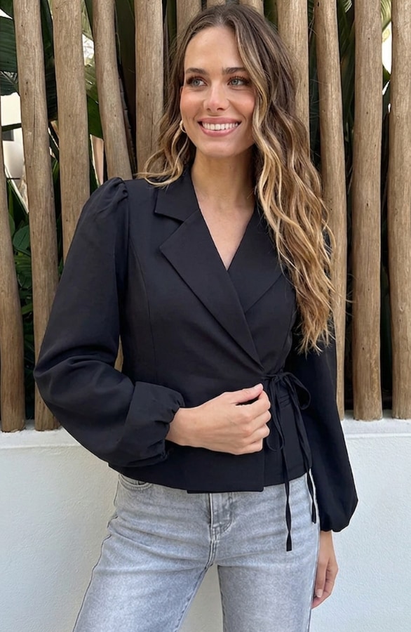 Wrap Blazer Puff Long Sleeve Zwart – blazers, foto 3