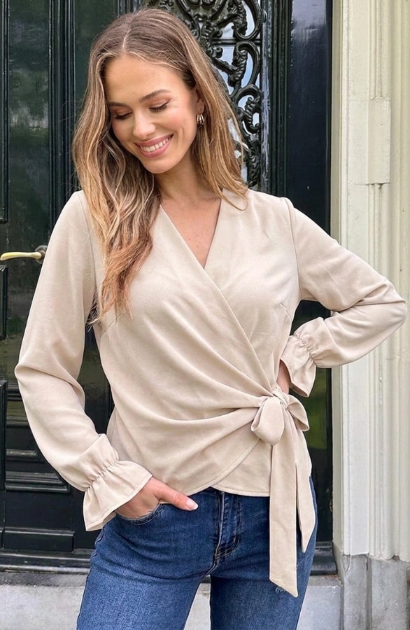 Wrap Longsleeve Blouse Beige – blouses, foto 3