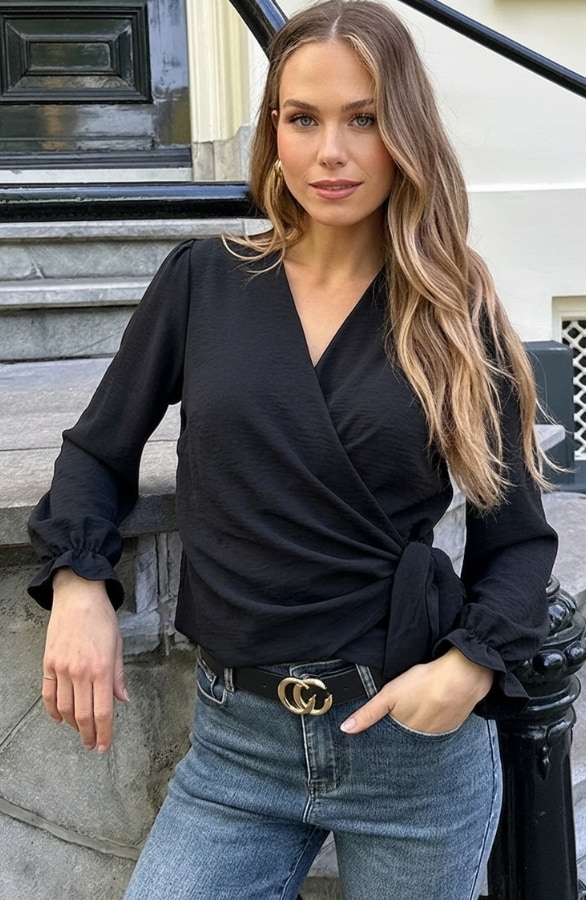 Wrap Longsleeve Blouse Zwart – blouses, foto 3