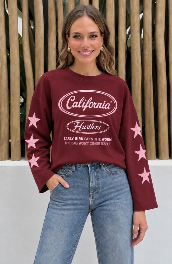 California Print Longsleeve Burgundy Pink Katoen – tops, foto 3