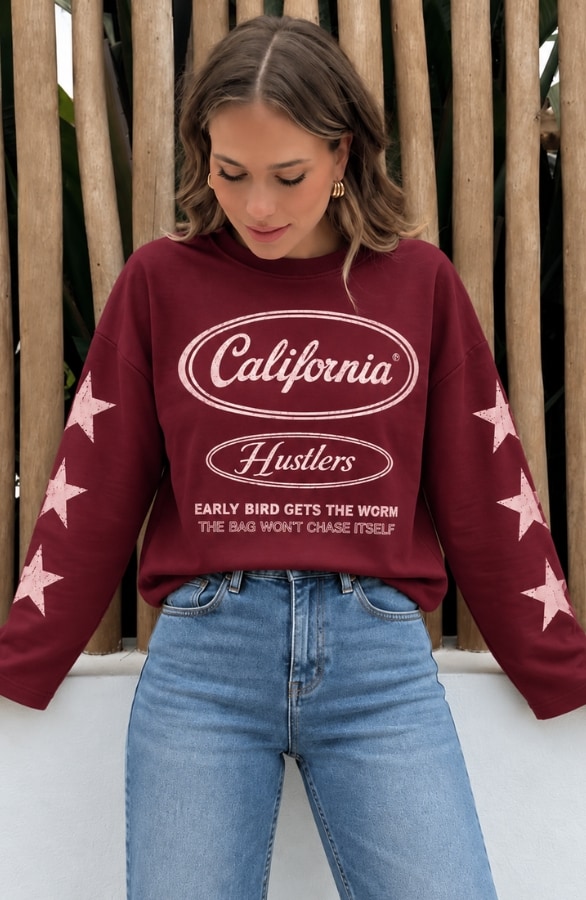 California Print Longsleeve Burgundy Pink Katoen – tops, foto 5
