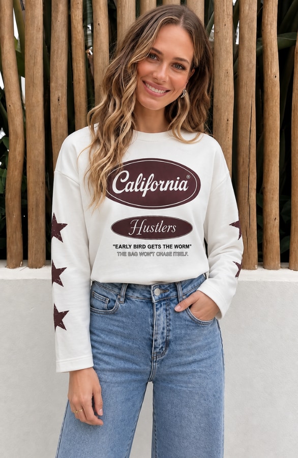 California Print Longsleeve Ecru Choco Katoen – tops