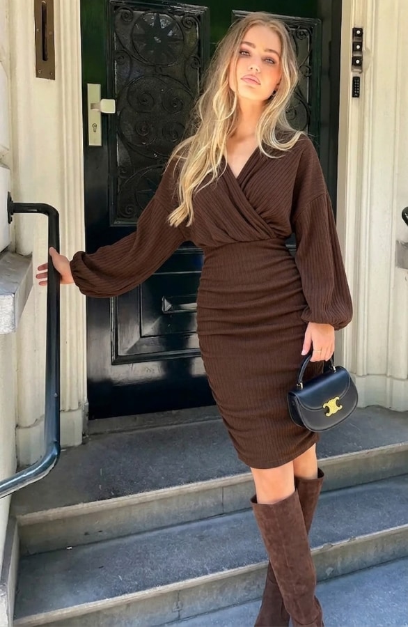 Knitted Ribbed V-Neck Dress Choco – jurken