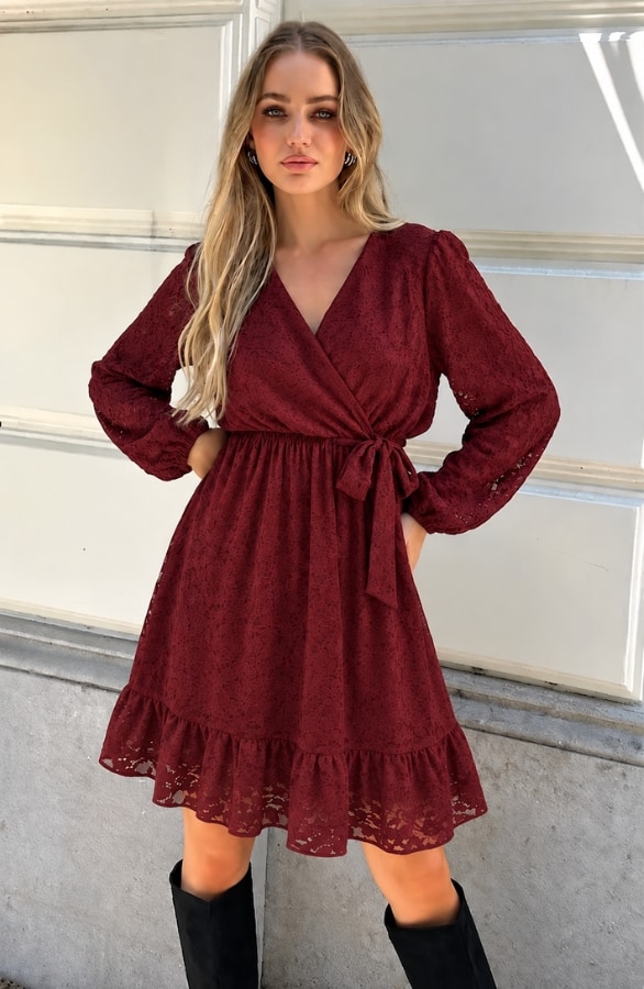 Luxury V-hals Jurk Soft Lace Bordeaux – jurken
