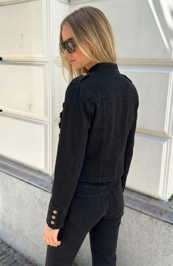 Military Button Denim Jacket Stretch Black – jassen, foto 6
