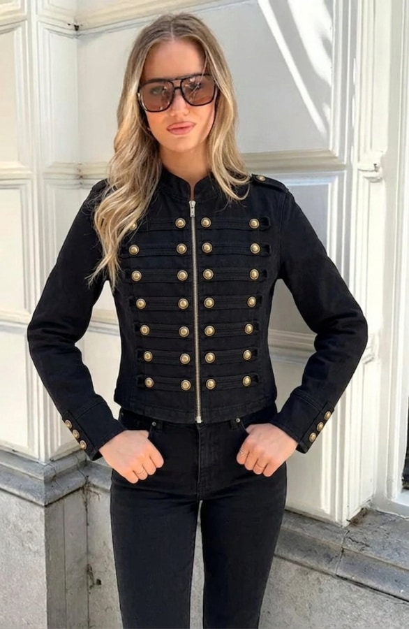 Military Button Denim Jacket Stretch Black – jassen, foto 5