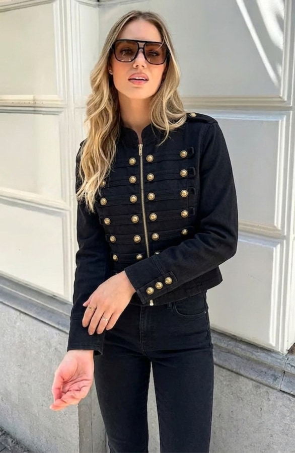 Military Button Denim Jacket Stretch Black – jassen, foto 3