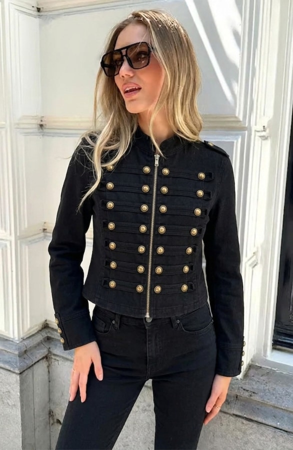 Military Button Denim Jacket Stretch Black – jassen, foto 2