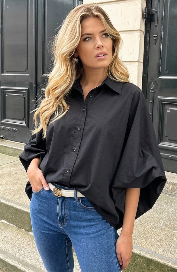 Oversized Batwing Blouse Katoen Black – blouses
