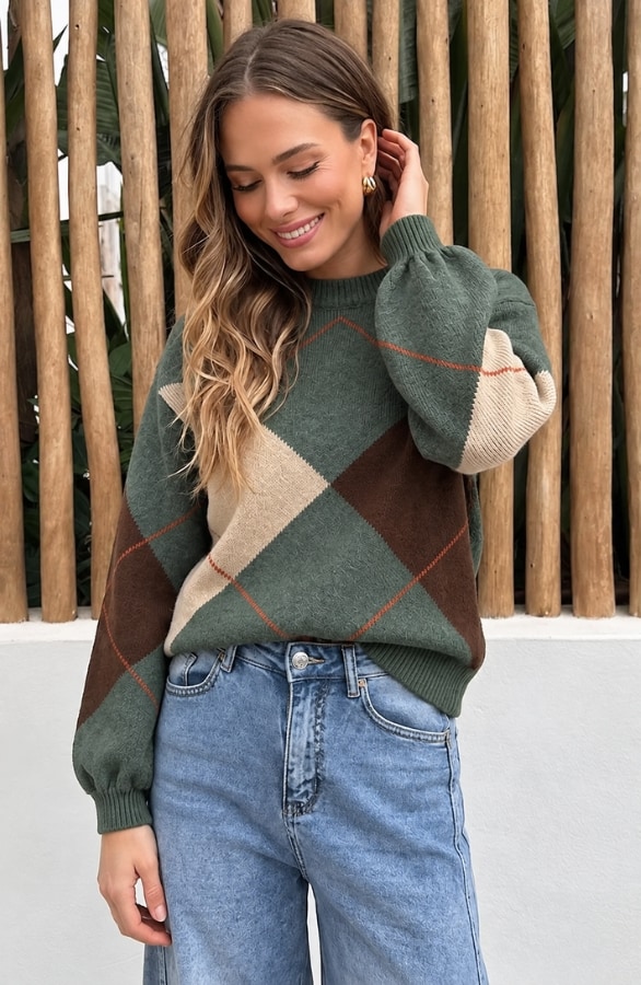 Oversized-Strickpullover mit Karomuster in Olivgrün